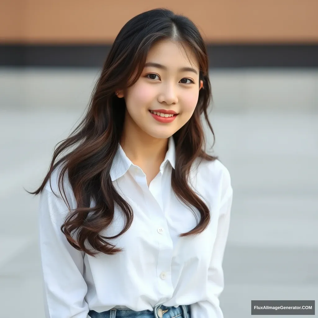 A Korean girl, 18 years old, she is pretty, she wears white shirts and jeans.