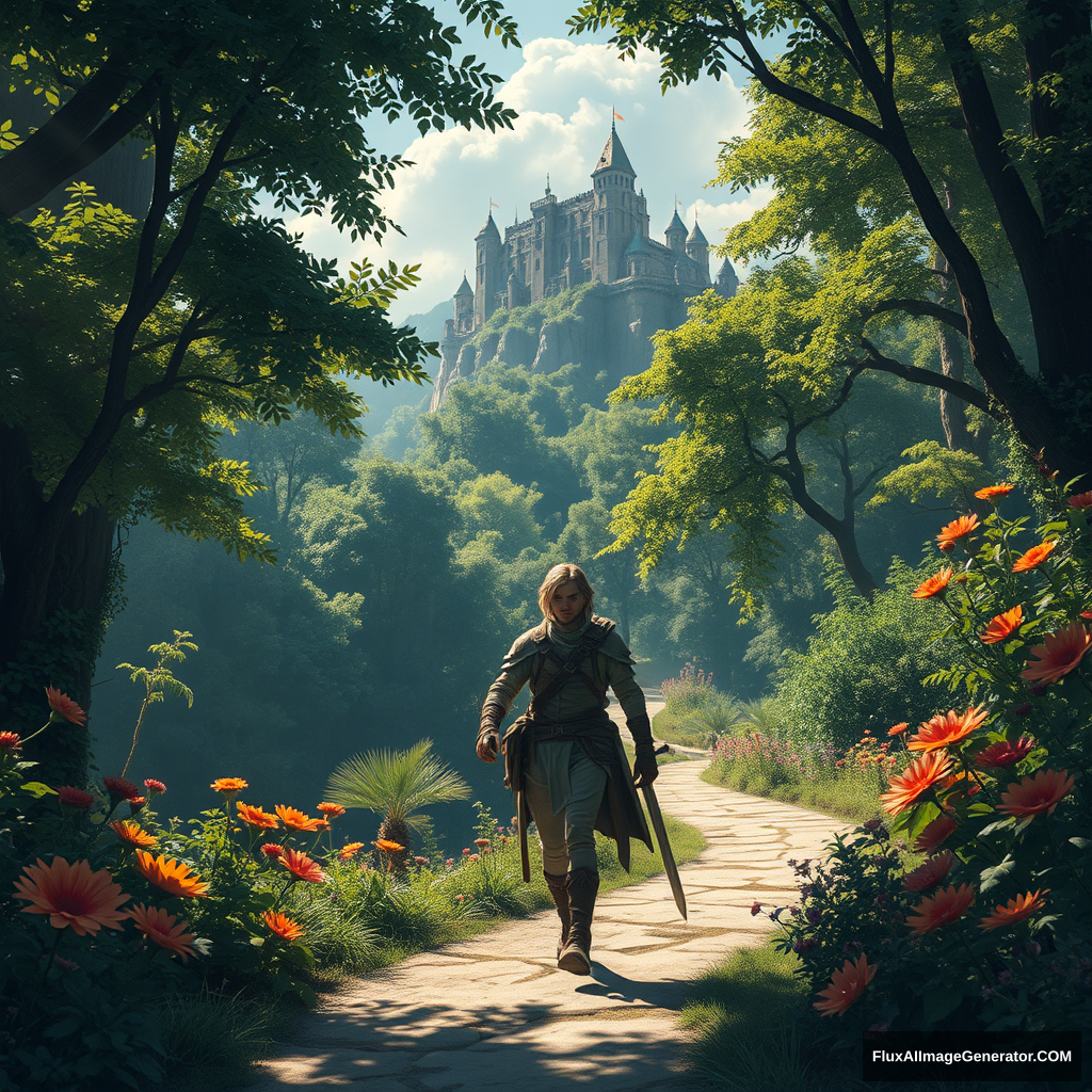 Here is a piece of prompt text generated for you about the Middle Journey:

In a mysterious and fantastical world, there lies an expansive and boundless forest. Sunlight filters through the dense leaves, casting dappled shadows. A brave adventurer is amidst it, clad in light leather armor, wielding a sharp longsword. His gaze is resolute, and his steps are steady as he walks along a winding path. On either side of the path, strange flowers bloom with vibrant colors, emitting an enchanting fragrance. In the distance, an ancient castle stands atop a mountain, shrouded in clouds, appearing and disappearing. Vines cover the walls of the castle, as if narrating the passage of time. The adventurer quickens his pace, filled with a yearning for the unknown and a determination to explore. This is the wondrous scene in the Middle Journey. - Image