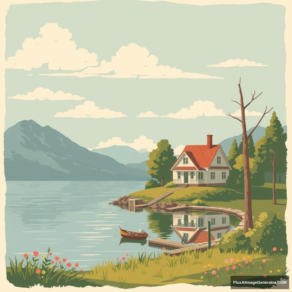 Vintage illustration style, a lovely house by the lake, summer day. - Image