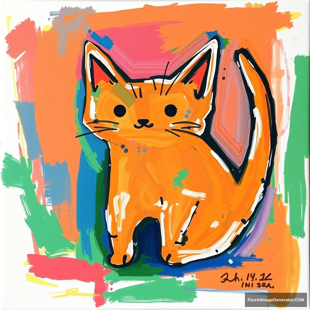 This image is a vibrant, abstract painting created with bold, expressive strokes using acrylic paint on canvas. A carrot shaped like a cat.