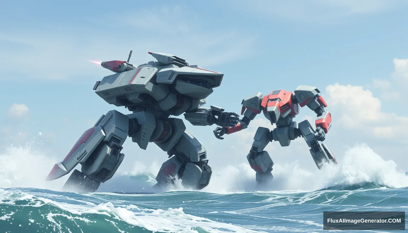 Two different gigantic combat robots fighting each other on the sea with huge tides.