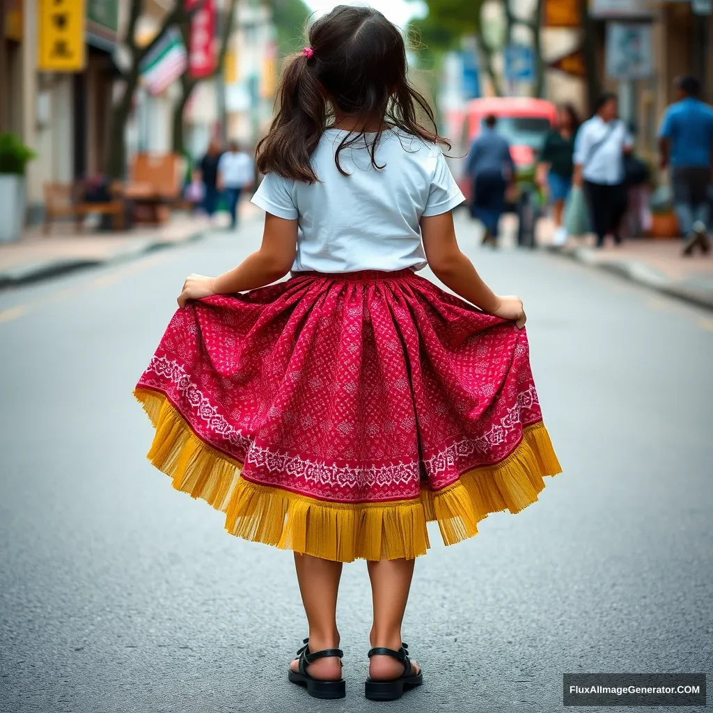 A girl wearing a skirt in the street, back view.