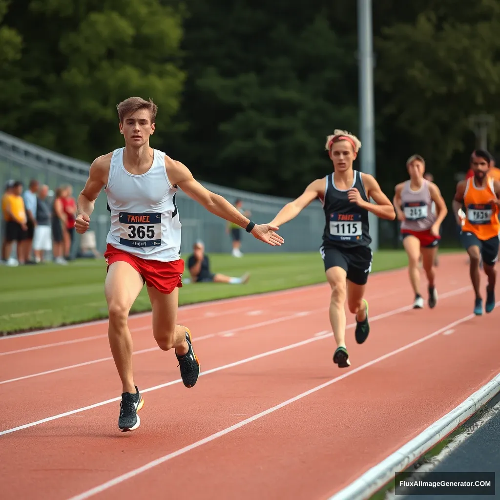 track and field runners handing off baton on the track in a race - Image