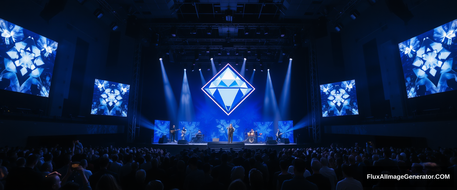 Diamond-inspired music stage, dark blue tones, spotlights, crowded audience, luxurious.