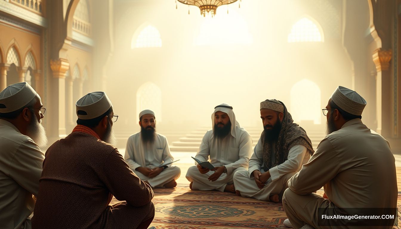 A group of Muslims discussing in a Ultra HD, realistic, educational setting, with warm and cinematic lighting. - Image