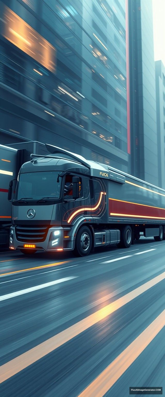 The truck has simple and dynamic lines, the future city, driving high-tech trucks, speed lines, glow, the overall picture is bright and clean, full of future sense. - Image