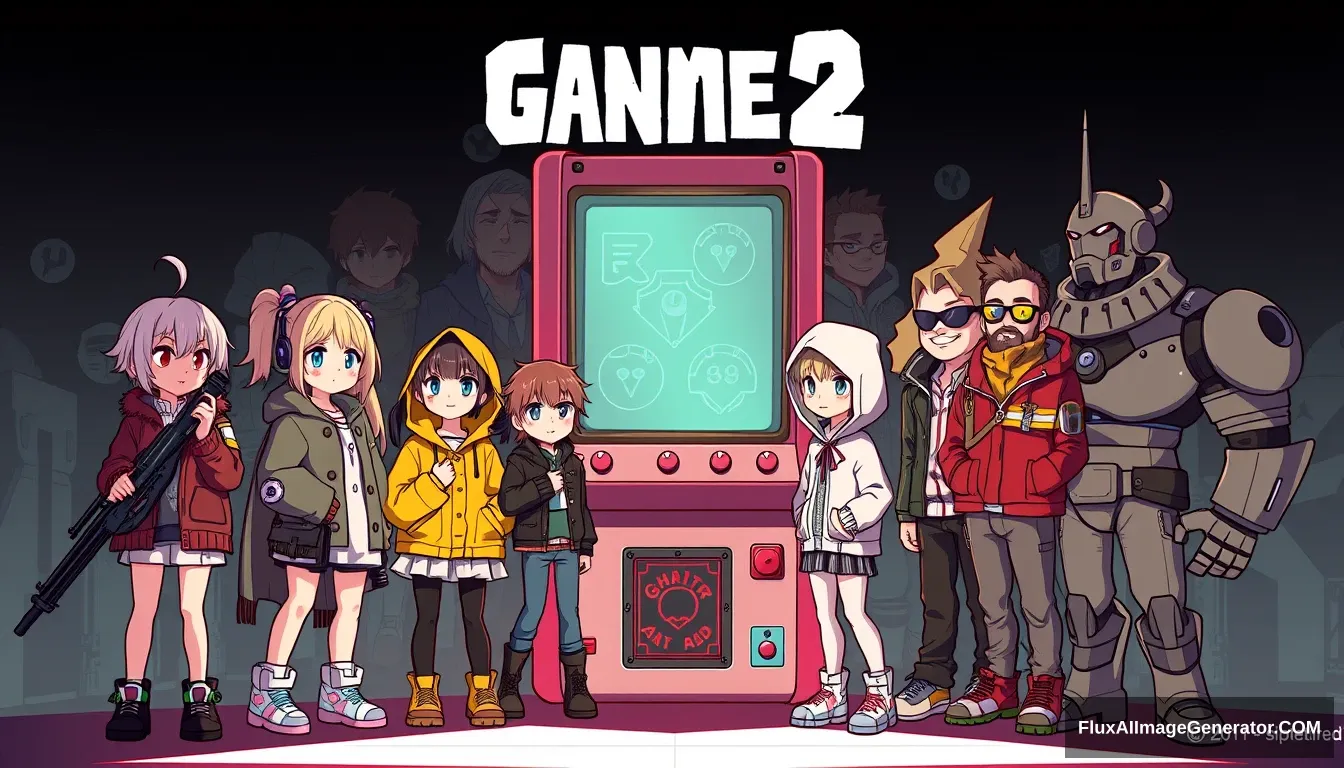 game poster, logo, cel shaded art, several animated characters stand around a game machine, multiple girls, jacket, weapon, multiple boys, hood, facial hair, sunglasses, crossover, robot, beard, science fiction, 6+boys - Image