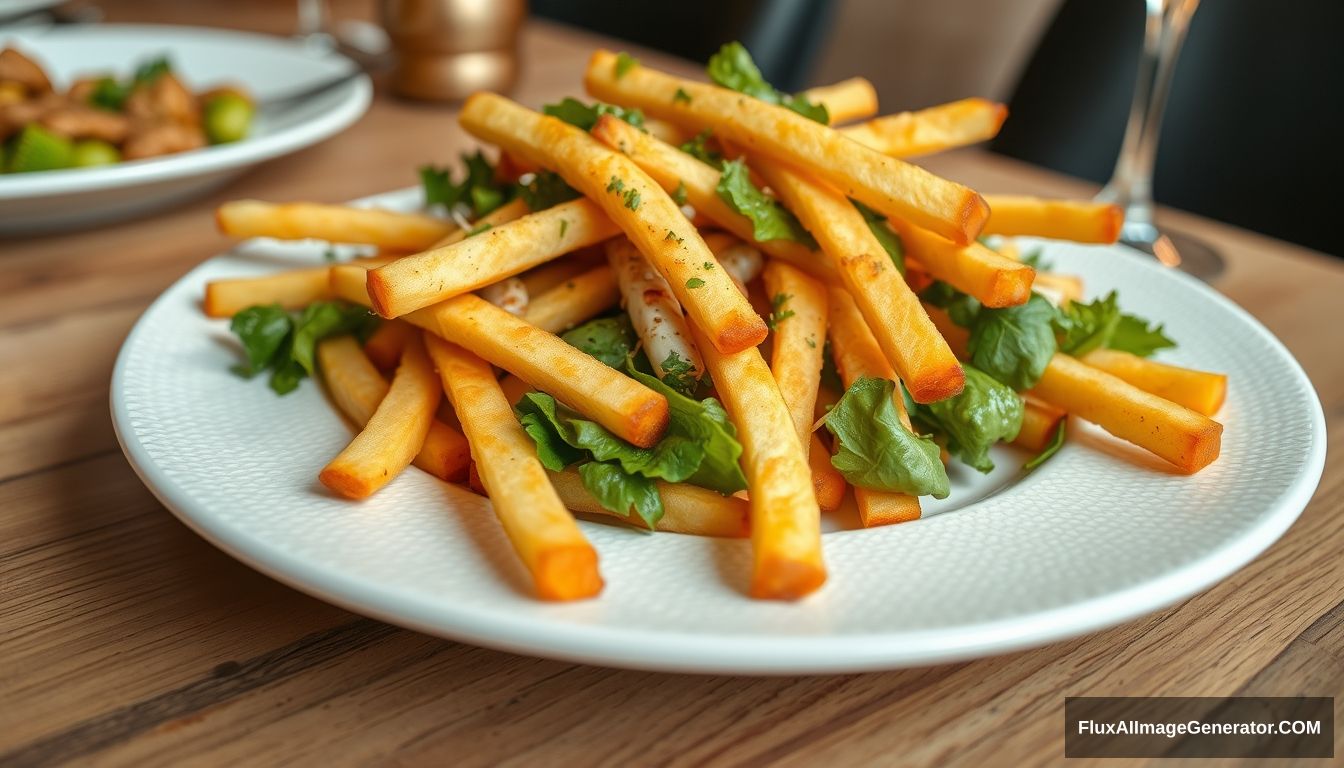 Highly detailed and sharp image of French Fries, plated on a white textured plate. The plate is resting on a wooden table, with the scene zoomed out to reveal more of the surrounding space. The white background. The overall atmosphere is elegant and appetizing, capturing the intricate details of the salad and the dining setting. - Image