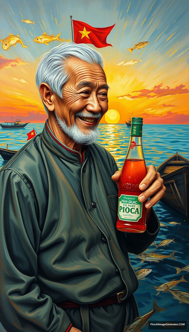 A sharp, anatomically accurate, and highly detailed oil painting in the style of Van Gogh, depicting a smiling, elderly Vietnamese man with silver hair and a weathered face, wearing a traditional áo bà ba and other traditional Vietnamese clothing, holding a bottle of Phú Quốc fish sauce and looking at it. The background features a warm, colorful sunset over the sea, with fishing boats flying the Vietnamese flag, anchovies jumping above the warm, glistening water, and the setting sun casting an orange glow, no hat, wide view. - Image