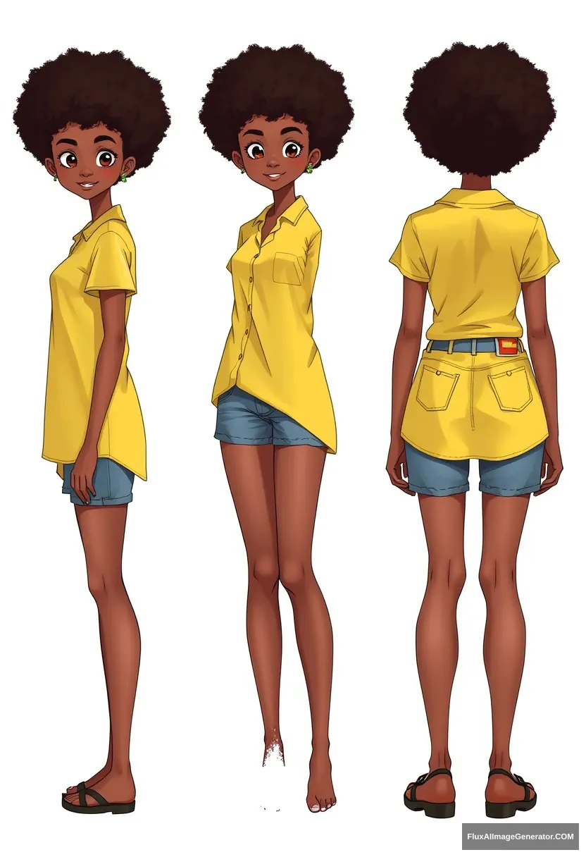 Front, side, and back profile character sheet, girl in yellow shirt with jean shorts, with hairstyle afro. - Image