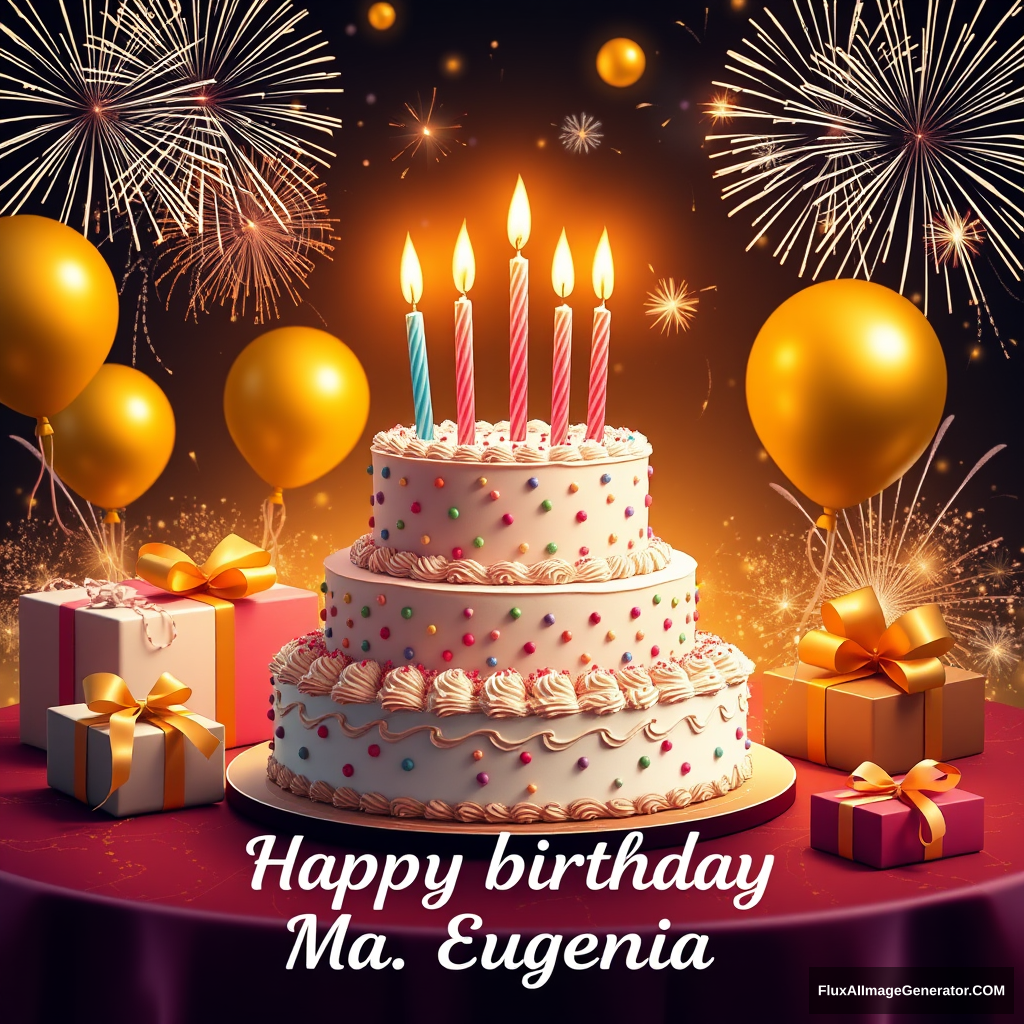 A 2 tiered birthday cake, 5 beautiful candles, gifts decorate the table, golden balloons float and fireworks accompany them in the background. A beautiful phrase reads "Happy birthday Ma. Eugenia".