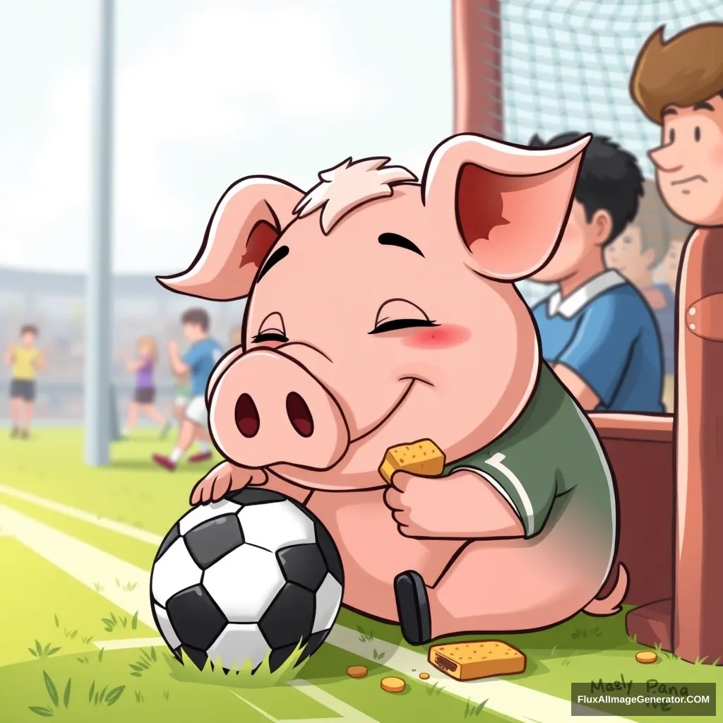 A pig who loves to play soccer, resting on the sidelines and eating treats, cartoon style. - Image