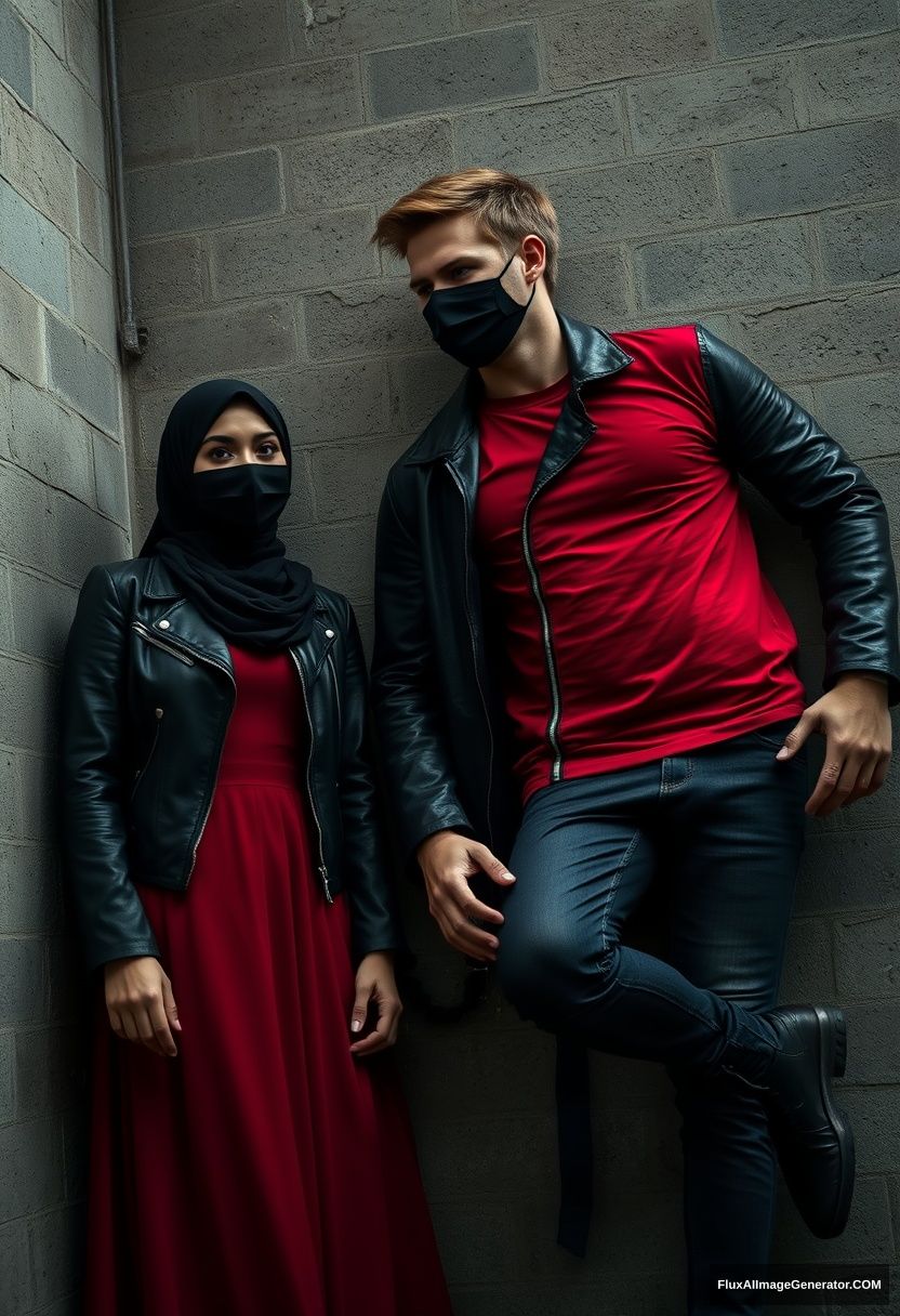 A biggest black hijab girl, beautiful eyes, face mask black, black leather jacket, biggest red longest dress, untall, standing near him,

Jamie Dornan, handsome, face mask black, fit and tough body, Nike red t-shirt, black leather jacket, jeans, tall man, laying at the wall,

Hyper realistic, photorealistic, studio photography, Victoria's abandoned castle, gloomy.