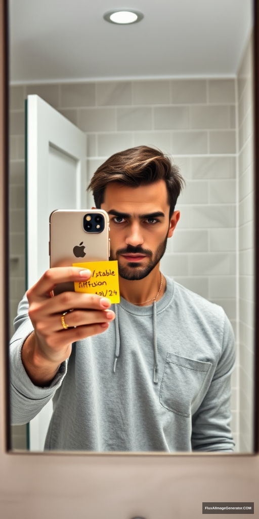 Man in a meticulously detailed bathroom, capturing a mirror selfie with the latest iPhone. He's holding a vibrant yellow post-it note displaying "r/stablediffusion" and "10/08/24". Hyper-realistic style with precise lighting, reflections, and textures. Verification-style composition, natural color palette. Subtle tension in expression, modern tech-savvy atmosphere.