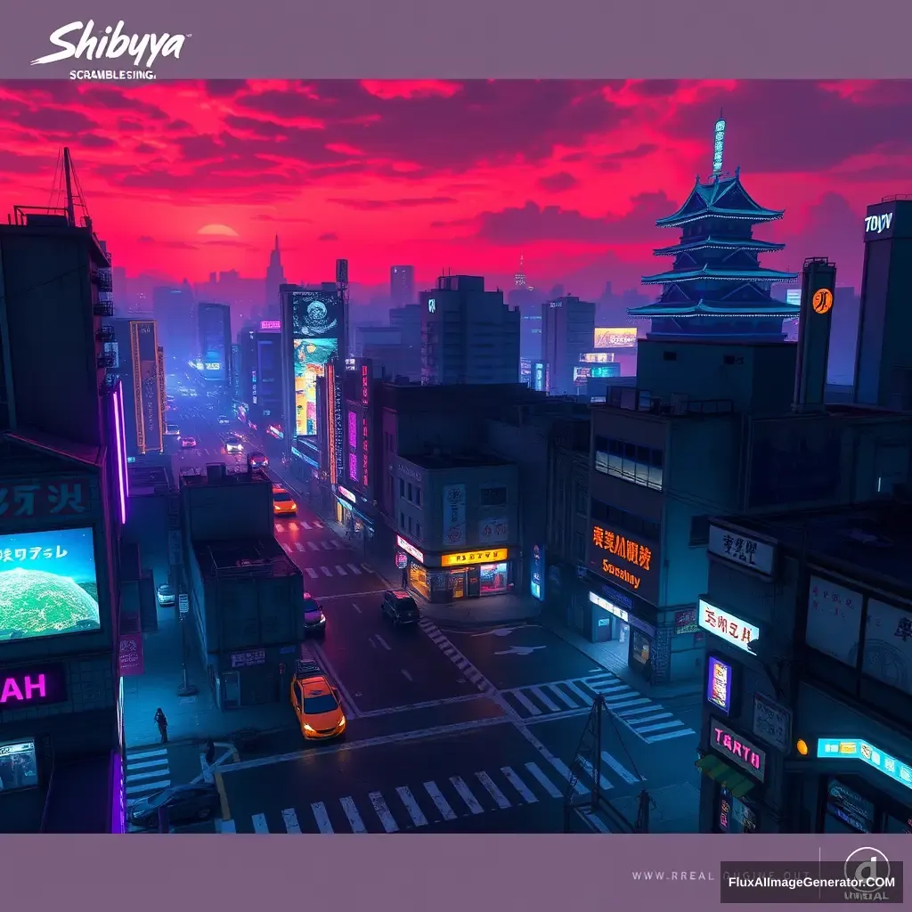 A Shibuya Scramble Crossing game concept design, nice and detailed, Cyberpunk style, Tokyo city night, Aerial view, Abandoned buildings and vehicles, blue and purple neon lights, Japanese Edo Castle, sky is dyed red, unreal engine, PBR rendering, CG style.