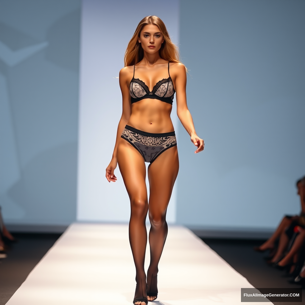 Underwear model on runway for a fashion show. Pantyhose on the legs.