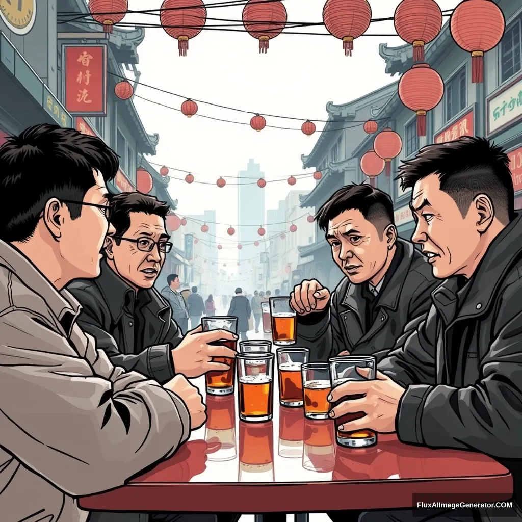 Comic style, Chinese men in their 30s gather to drink together in the middle of China. - Image