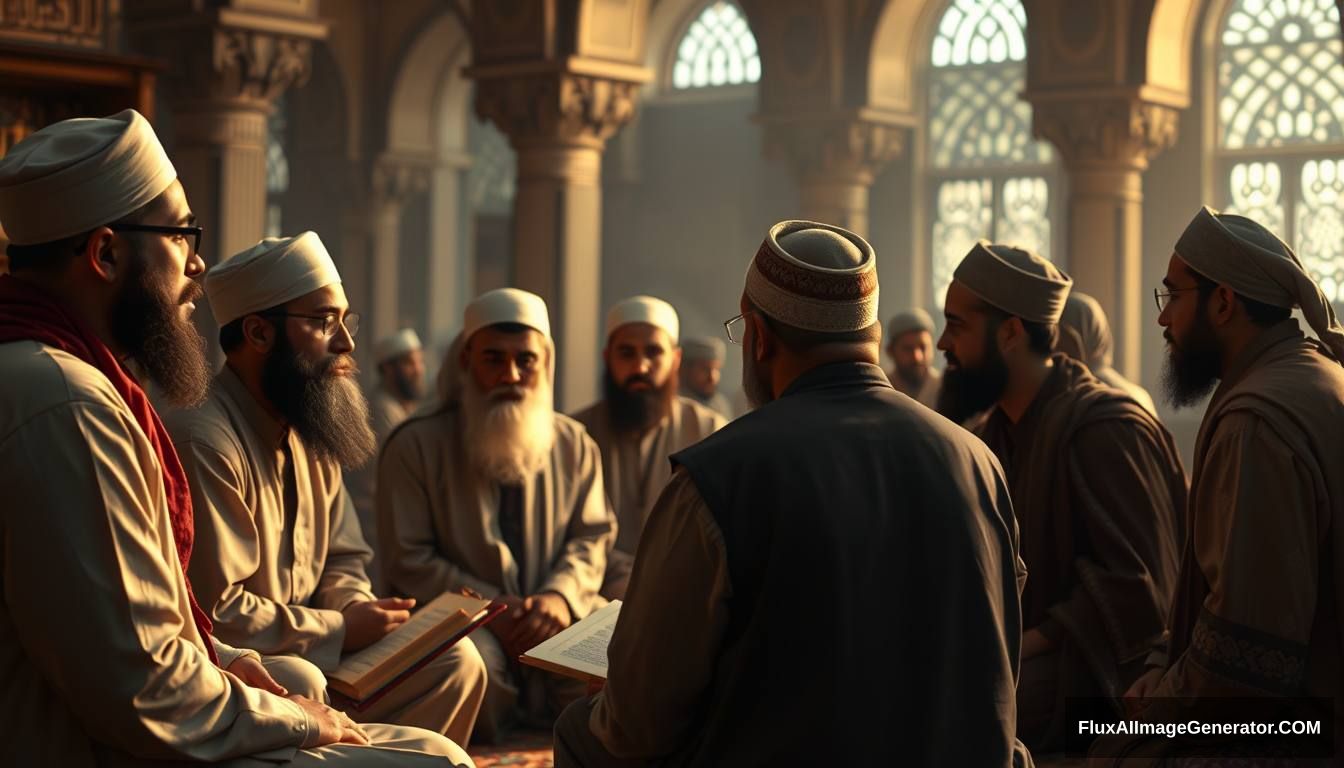 A reflective scene showing a group of Muslims contemplating and discussing the story of Tamim ad-Dari and Dajjal, set in a peaceful, scholarly environment. Ultra HD, realistic, contemplative, with warm and cinematic lighting.