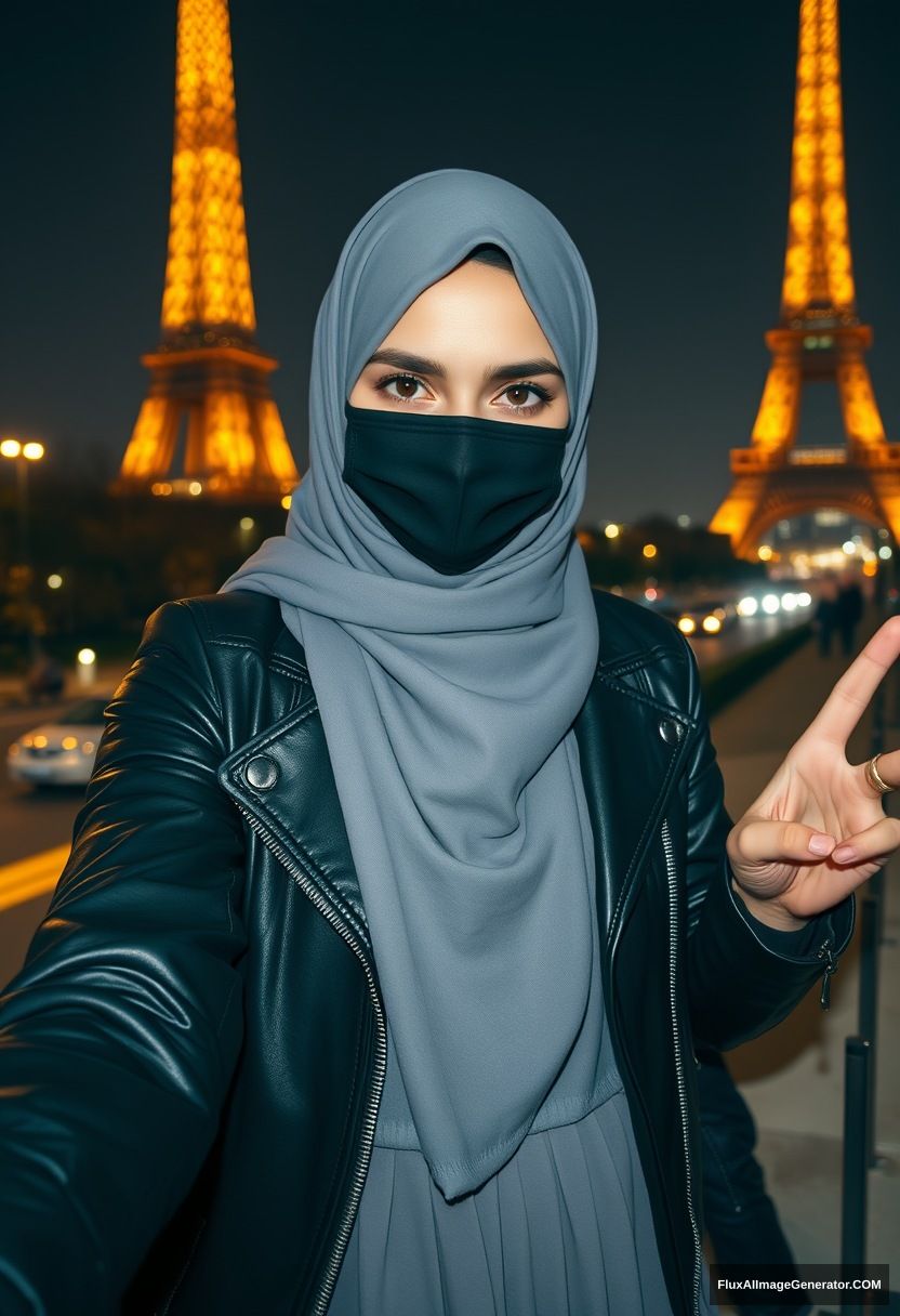 Biggest grey hijab Muslim girl, beautiful eyes, face mask black, leather jacket, biggest longest skirt, standing near Eiffel Tower, night scenery, hyper realistic, photorealistic, selfie photos, peace hand. - Image