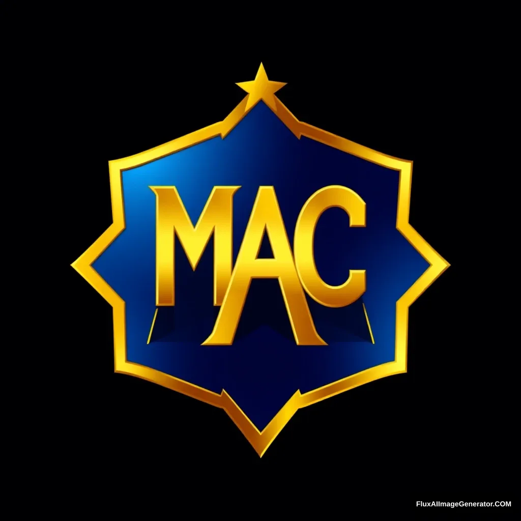 Design a logo for a government youth program with a pentagon-shaped center featuring the letters 'MAC' in gold, shaped into a pentagon, on a dark blue background. Surround this central pentagon with a gold 7 points heptagram star. 4 star points on bottom and 3 star points on top. The logo should have a metallic appearance with gold and blue colors for a three-dimensional effect.