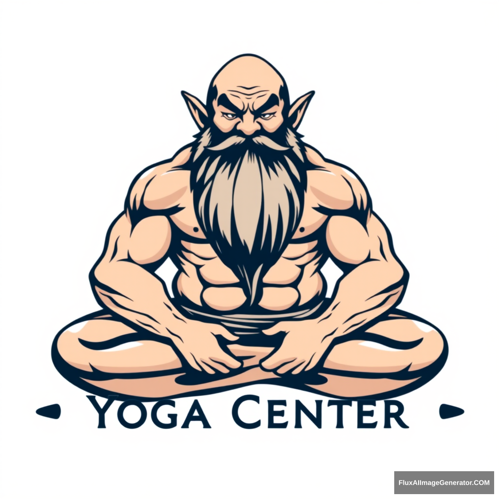 Yoga Center logo: a muscular large bald dwarf in the lotus position with a long beard flirting. - Image