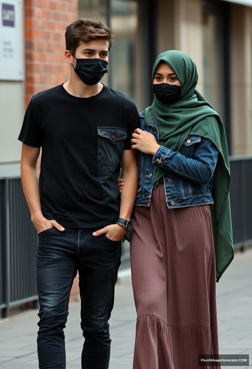 Jamie Dornan, young, black face mask, black t-shirt, a collage jacket, jeans, red sneakers, dating romantically with a beautiful Muslim girl in a large green hijab, beautiful eyes, black face mask, jean jacket, longest skirt, not a tall girl, photorealistic, street photography, full photography.