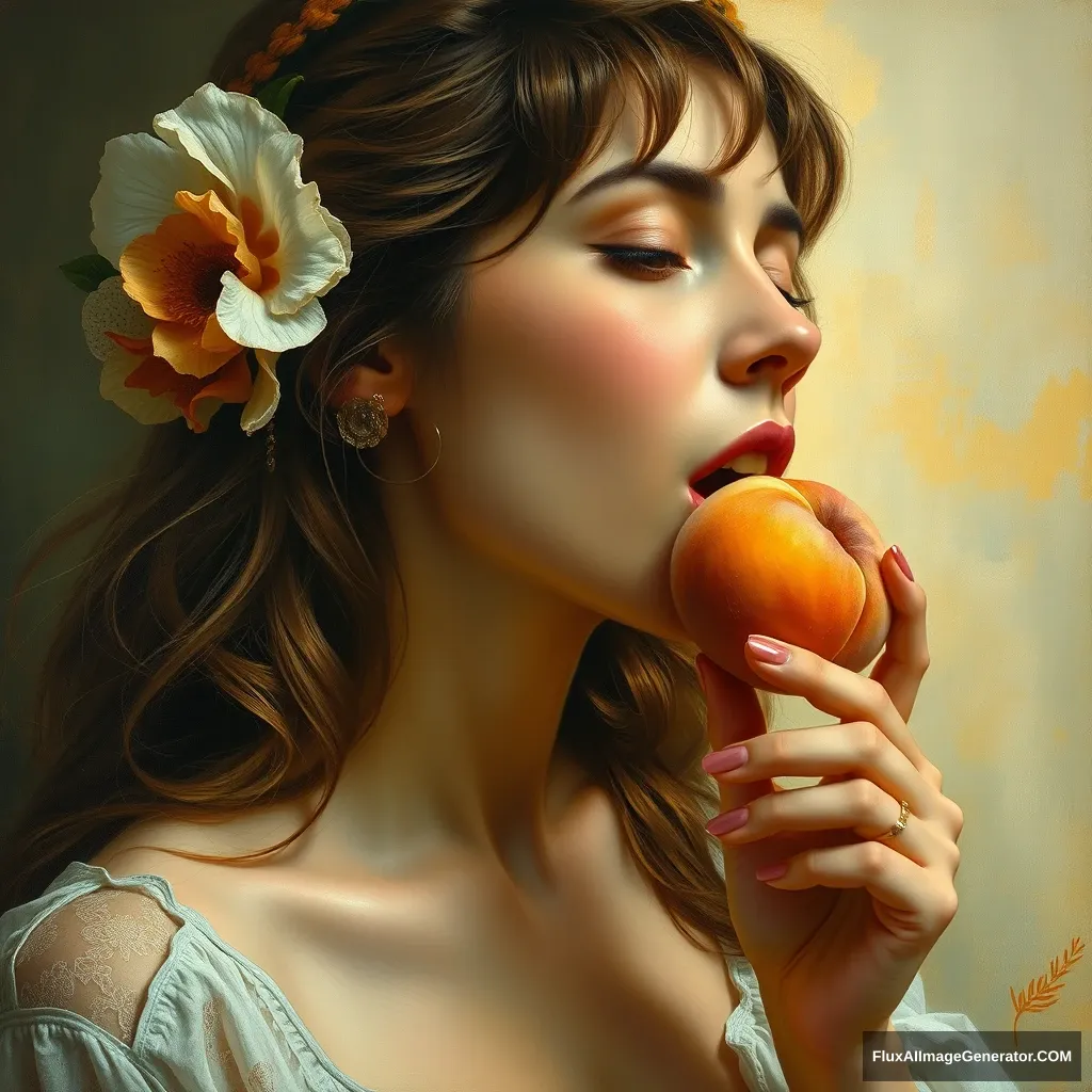 A painting of a beautiful woman in rapture eating a peach. - Image