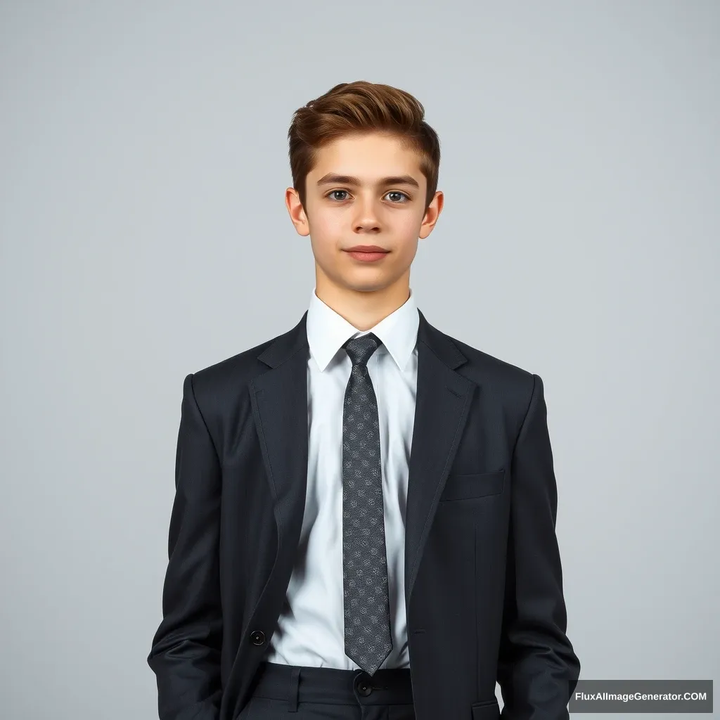 Cute skinny teen guy in a suit and tie. Full body photo.