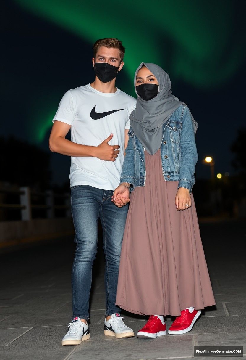 Jamie Dornan, handsome, black face mask, white Nike t-shirt, jeans, sneakers, dating romantically with a Muslim girl in a grey hijab, beautiful eyes, black face mask, jeans jacket, very long and big skirt, not a tall girl, red sneakers, holding hands, photorealistic, street photography, full photography, selfie photos, night scenery, aurora.