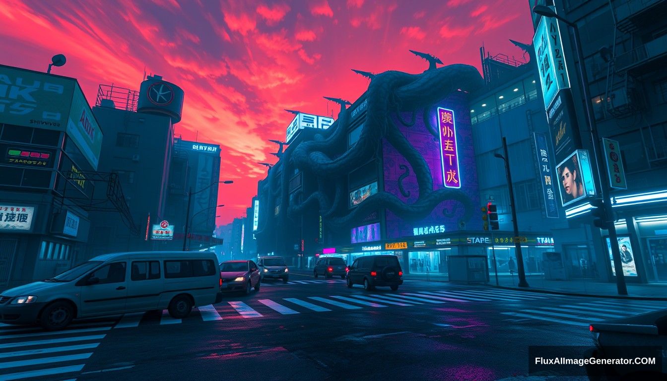 A beautiful game concept design, wide-angle view, Shibuya Crossing, cyberpunk, Tokyo, night scene, crosswalk line, abandoned vehicles, huge vines from the demon world wrapping around the building, blue and purple neon lights, sky is dyed red, hand painting style.