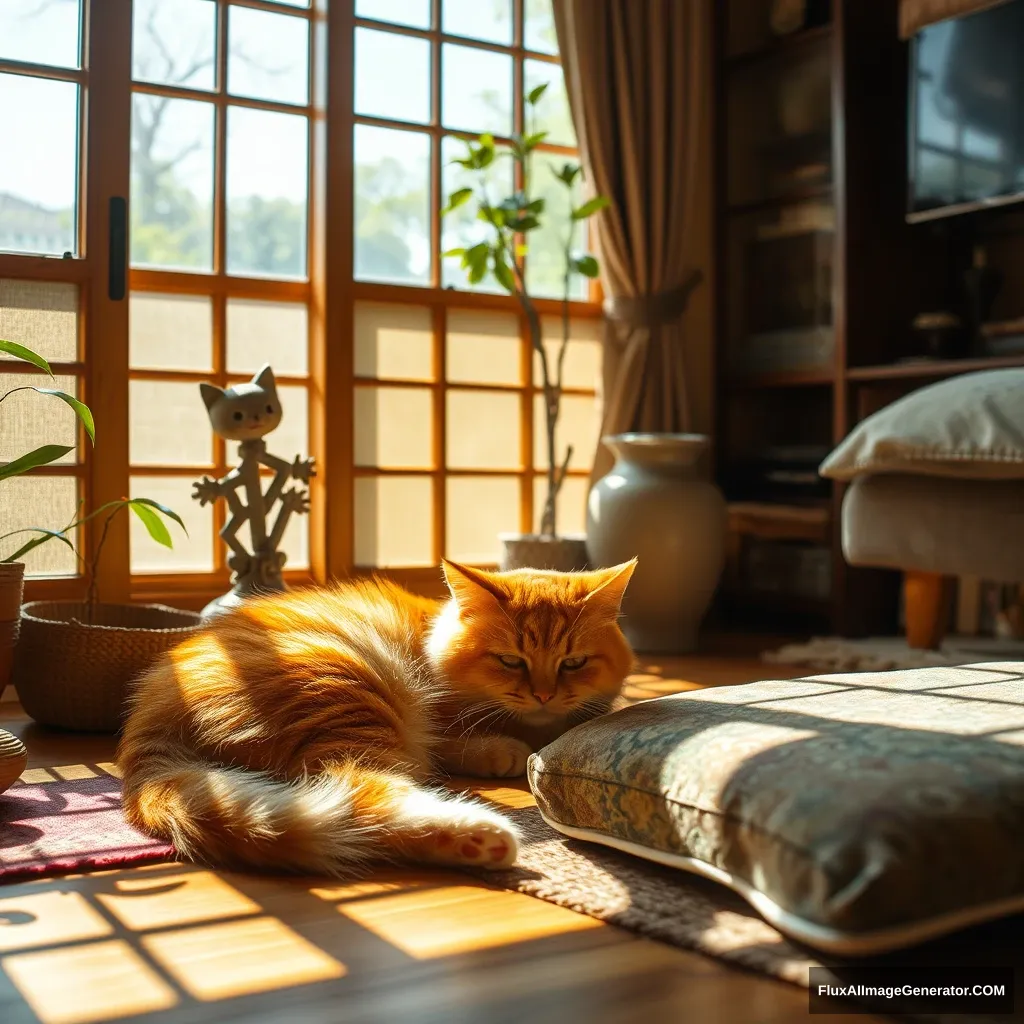 A scene of a Japanese house living room with an orange fur cat sleeping in the sunlight. - Image