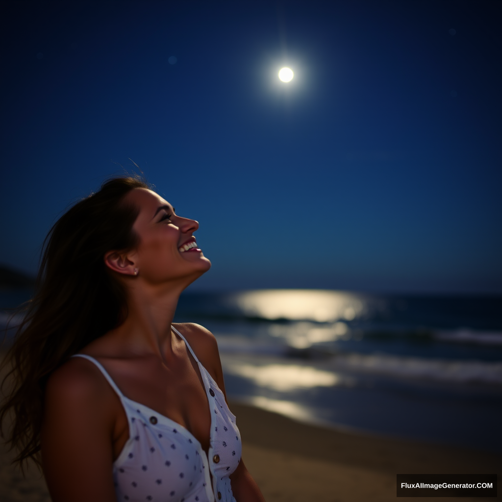 A woman with a man on the beach at night, looking at the stars and smiling.