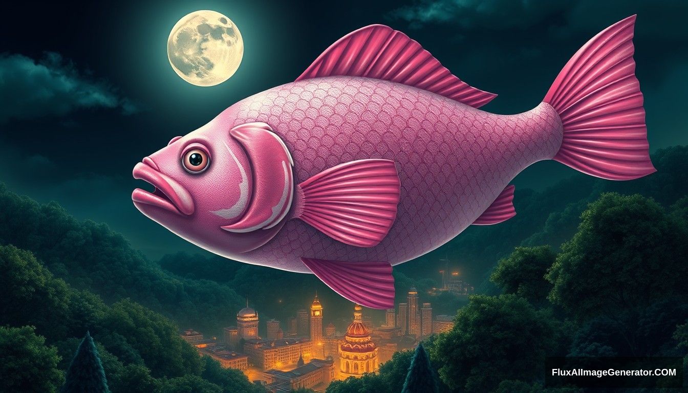 1. **Main Character**: The main character is an enormous, surreal pink fish, its body glistening under the moonlight. Its features are exaggerated, with large, expressive eyes and finely detailed scales that shimmer in various shades of pink and white. The fish’s face exhibits a serene yet curious expression, adding to its whimsical nature.

2. **Action**: The fish hovers above a lush landscape, seemingly floating in the night sky. Its mouth is slightly open, as if it’s about to speak or sing, while its fins are gracefully extended. The angle of its body suggests both majesty and a gentle presence, as it gazes down toward the city below.

3. **Attire**: While the fish doesn’t wear clothing, its natural coloration serves as its attire. The vibrant pink contrasts beautifully with the surrounding dark greens of the trees and the deep blue of the night sky, creating an eye-catching visual narrative.

4. **Surroundings**: Below the fish lies a bustling city illuminated by warm, golden lights. The buildings are varied in height and design, with some resembling traditional architecture. Small boats are docked along the waterfront, their silhouettes adding depth to the scene. Lush trees surround the city, framing the landscape and enhancing the dreamlike quality.

5. **Background**: The background features a starry night sky, with a full moon casting a soft glow across the scene. The trees create a dense canopy, their deep greens contrasting with the illuminated cityscape below. This creates a harmonious blend of nature and urban life, enveloped in twilight.

6. **Art Style**: The art style is fantastical and hyper-realistic, employing vibrant colors and intricate details. The smooth textures of the fish and the bright, warm tones of the city lights evoke a sense of wonder, while the blend of realism and fantasy draws the viewer into a dreamlike world.

7. **Ambience**: The ambience is magical and serene, filled with a sense of wonder and tranquility. The gentle glow of the city lights against the dark backdrop creates a cozy atmosphere, inviting contemplation. The scene feels alive with possibility, merging nature and the surreal in a harmonious tableau. - Image