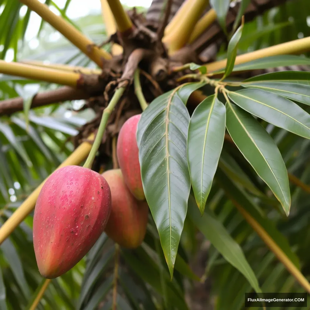 Red Palmer Mango growing on coconut tree.