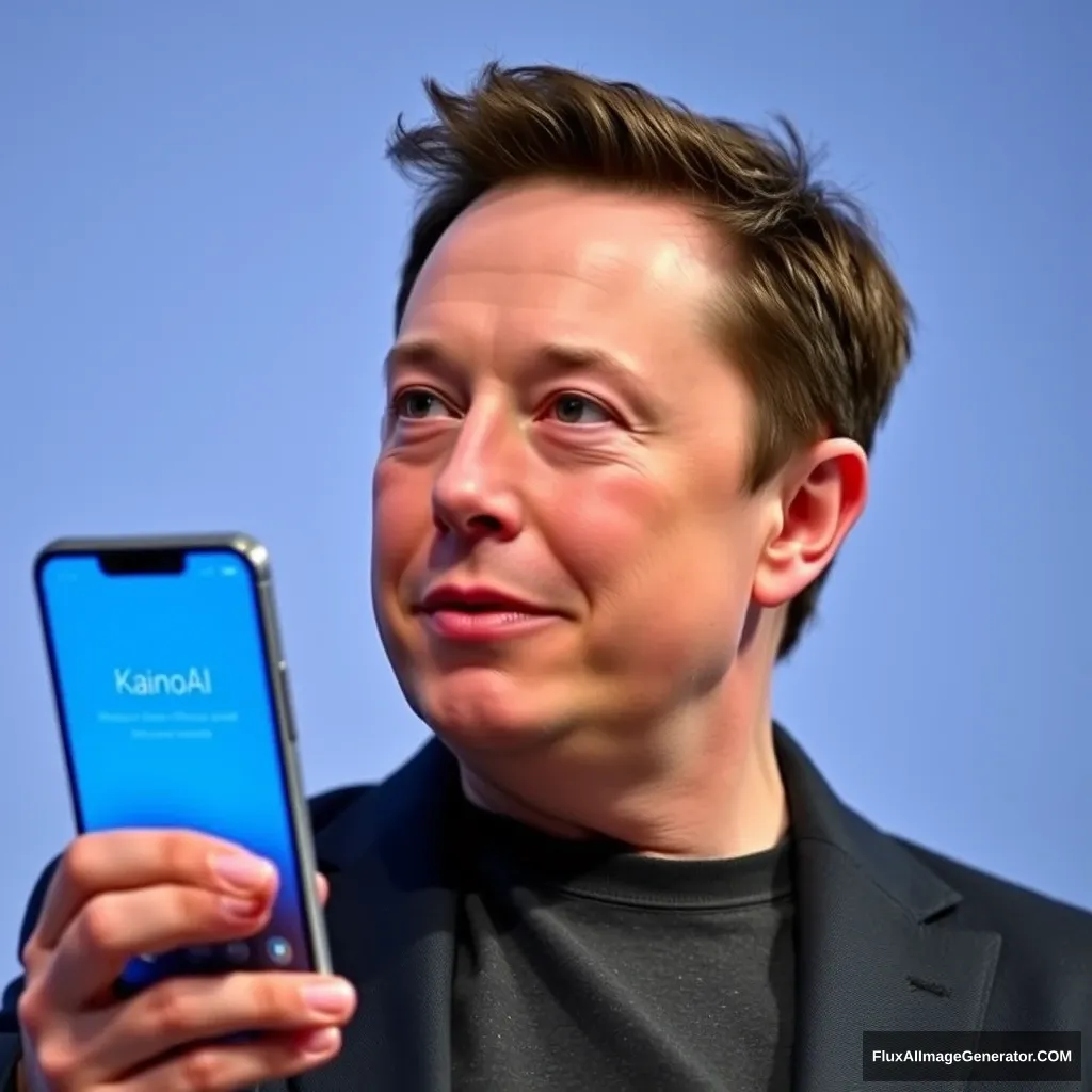 Elon Musk sostiene un teléfono y la pantalla del teléfono muestra la app KainoAI, la app tiene un estilo azul. - Image