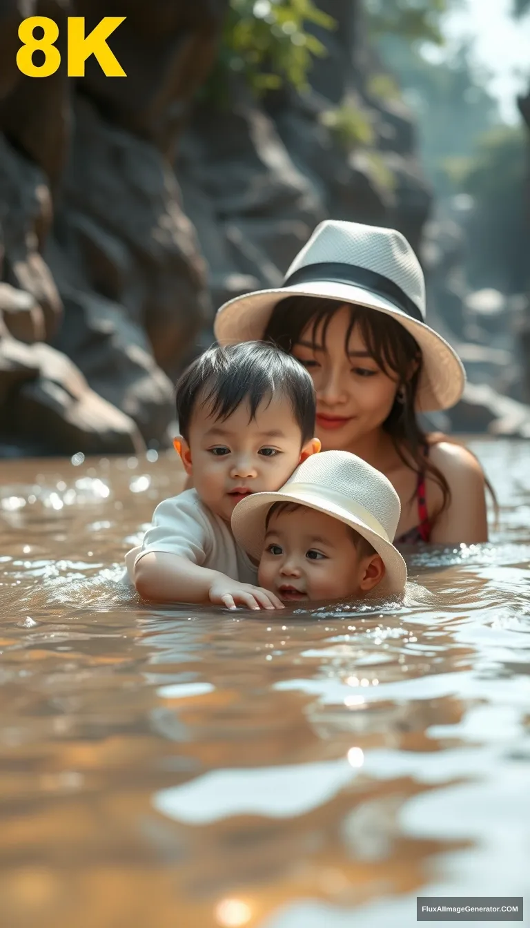 A 20-month-old Korean female child with a white hat is playing with her mom in a watery ravine, 8K, Disney 3D style.