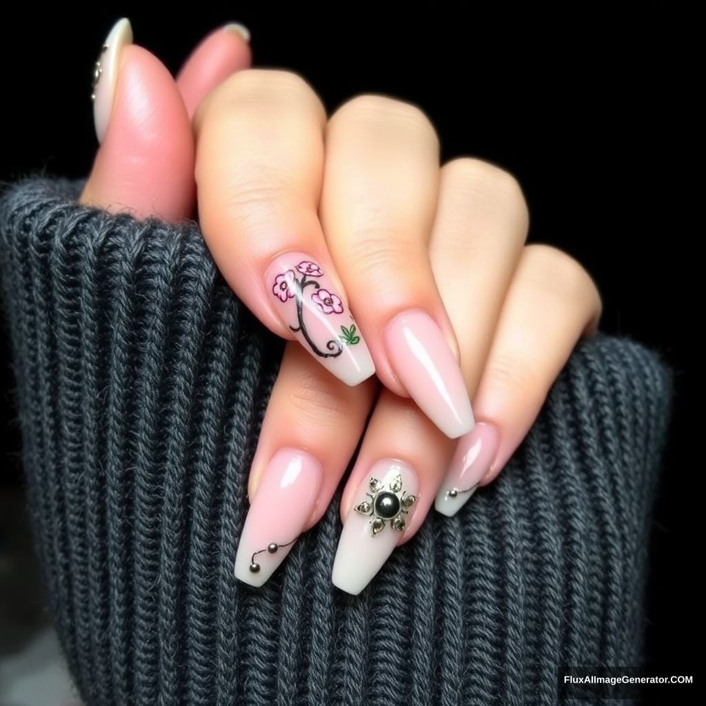 Design a nude nail art with Japanese elements and small steel beads.