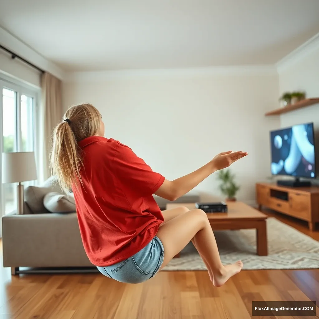 Side view of a young blonde skinny woman in her early twenties in her massive living room, wearing an oversized red polo t-shirt that is off balance on one shoulder. The bottom part of her t-shirt is tucked in. She is also wearing light blue denim shorts and has no shoes or socks. She faces her TV with a shocked expression and dives into the magical TV head first. - Image