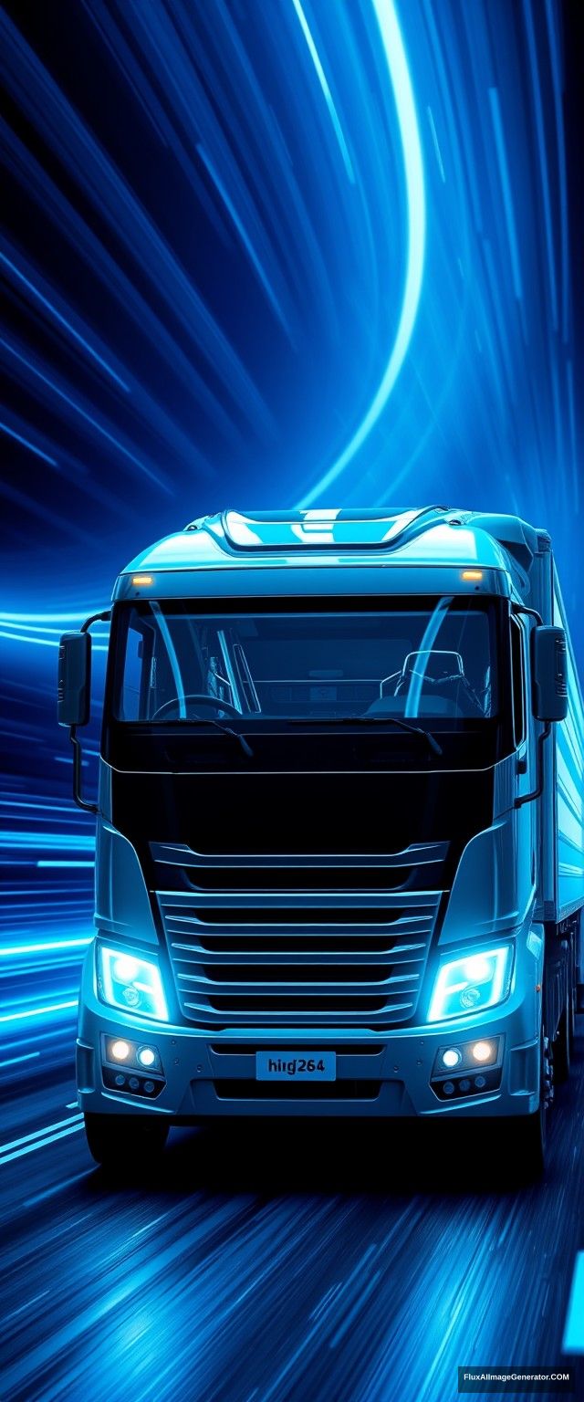 The truck has simple and dynamic lines, driving high-tech trucks, speed lines, glow, the overall picture is bright and clean, full of future, science and technology, blue atmosphere, showing the whole body, panoramic view. - Image