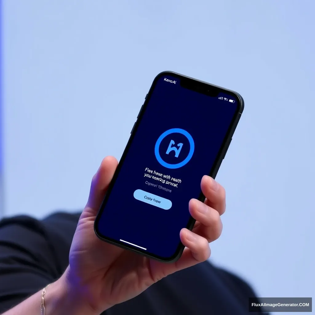 Elon Musk is holding a phone, and the phone screen shows the KainoAI app, which has a blue style. - Image