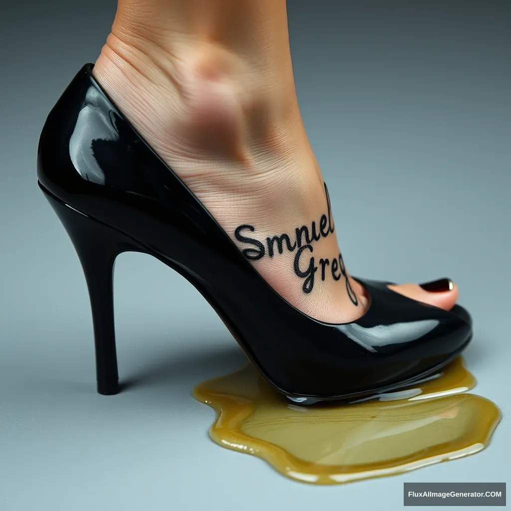 The name "Samuel Greg" on a woman's foot in a black high heel. There is oil all over the foot. - Image