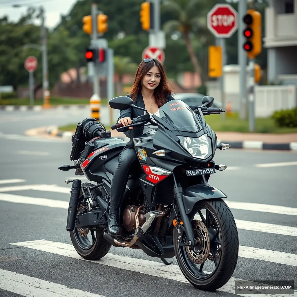 At the crossroads, there is a beautiful woman riding a smart motorcycle, which is equipped with guns, with Chinese characters or Japanese on it.