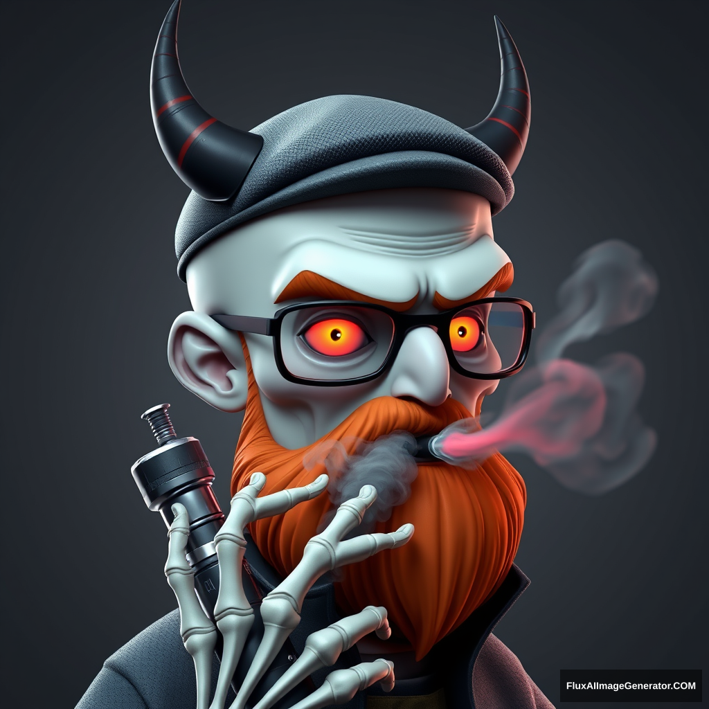 Three-quarter view of a sinister, bald cartoon human male with subtle necromancer features. Demonic obsidian horns contrast with short, fiery ginger beard. Weathered flatcap and aviator glasses, hellfire glowing eyes. Skeletal fingers clutch chrome vapemod, exhaling dense, swirling vapor clouds. 3D rendered.