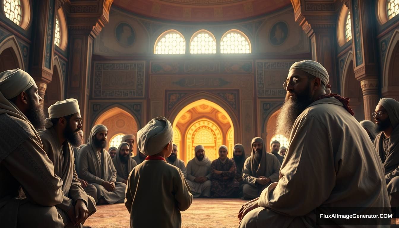 Tamim ad-Dari reporting his experience to a young boy in a serene mosque setting, with the Prophet surrounded by his companions, all listening intently. Ultra HD, realistic, serene, with warm and cinematic lighting.