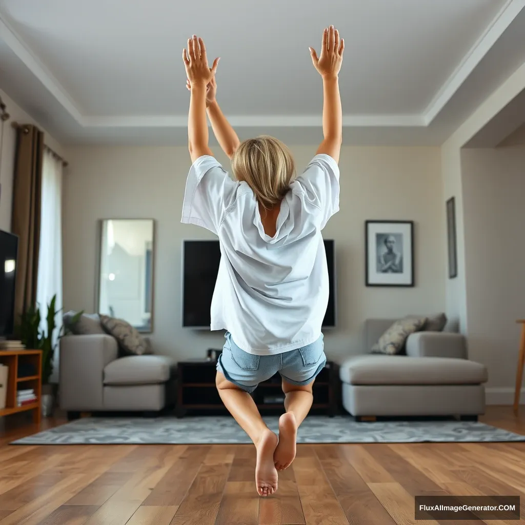 A side angle of a skinny blonde woman in her large living room, wearing an extremely oversized white t-shirt that is also very uneven on one sleeve, along with oversized light blue denim shorts. She is barefoot and is facing her TV. She dives headfirst with both arms raised below her head and her legs up in the air, at a -60 degree angle. - Image