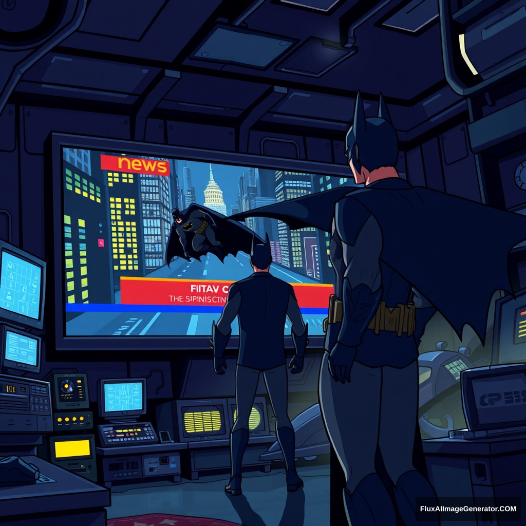 Bruce Wayne, dressed in his signature dark suit, stands in front of a massive computer screen inside the dimly lit Batcave. The screen displays a news broadcast showing Batman, mid-chase, pursuing criminals through the city. The Batcave is filled with high-tech gadgets, glowing monitors, and the iconic Batmobile in the background. The scene is depicted in a cartoon animated style, with exaggerated features, vibrant colors, and dynamic lighting that highlights the intensity of the moment. - Image