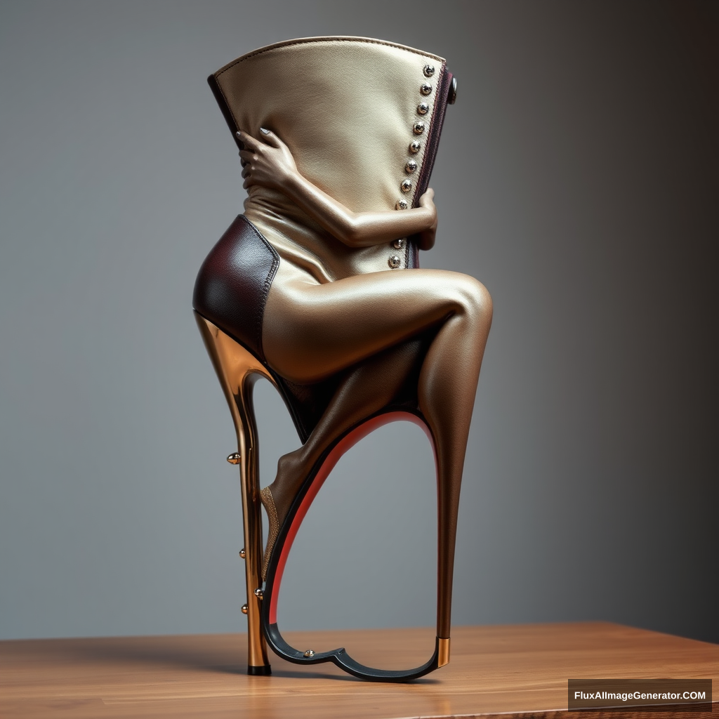 A high-fashion stiletto boot with a unique heel that represents a metallic sculpture of an entire woman's body in an artistic and sexy pose who embraces the boot body, intricate details, leather, suede parts, nails, lace.