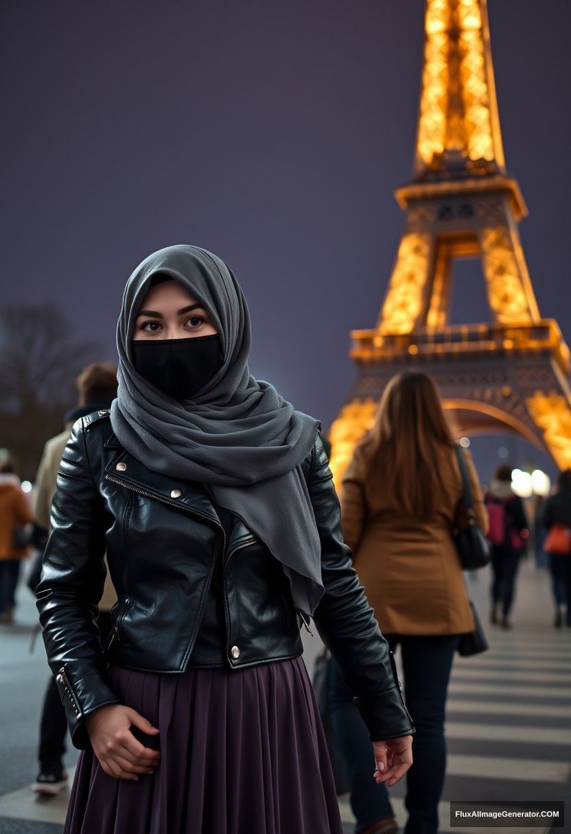 Biggest grey hijab Muslim girl, beautiful eyes, black face mask, leather jacket, biggest longest skirt, standing near the Eiffel Tower, night scenery, strangers' backs, hyper-realistic, photorealistic, street photography, holding someone's hand. - Image