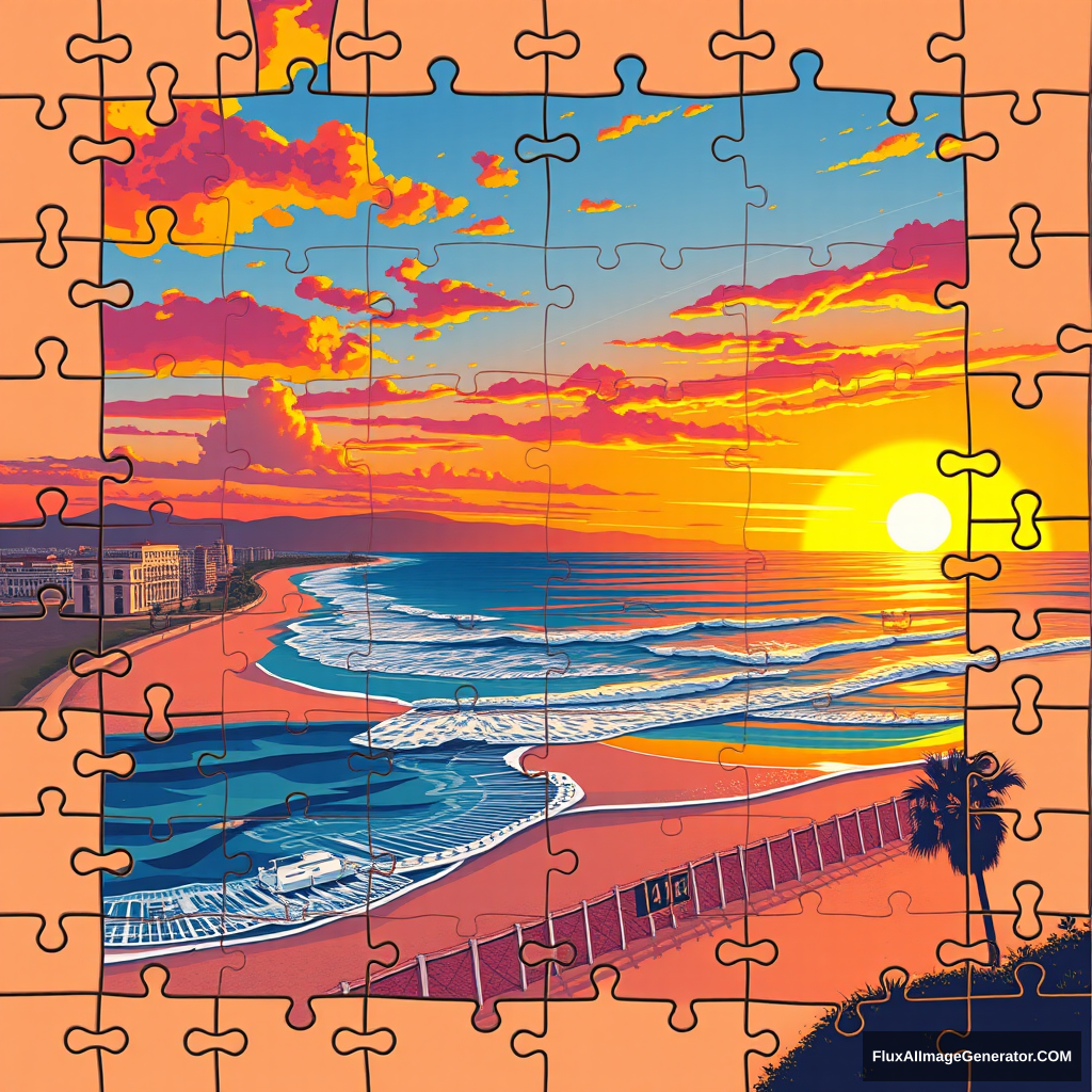 "A jigsaw puzzle illustration style sunset over the beach in Los Angeles." - Image