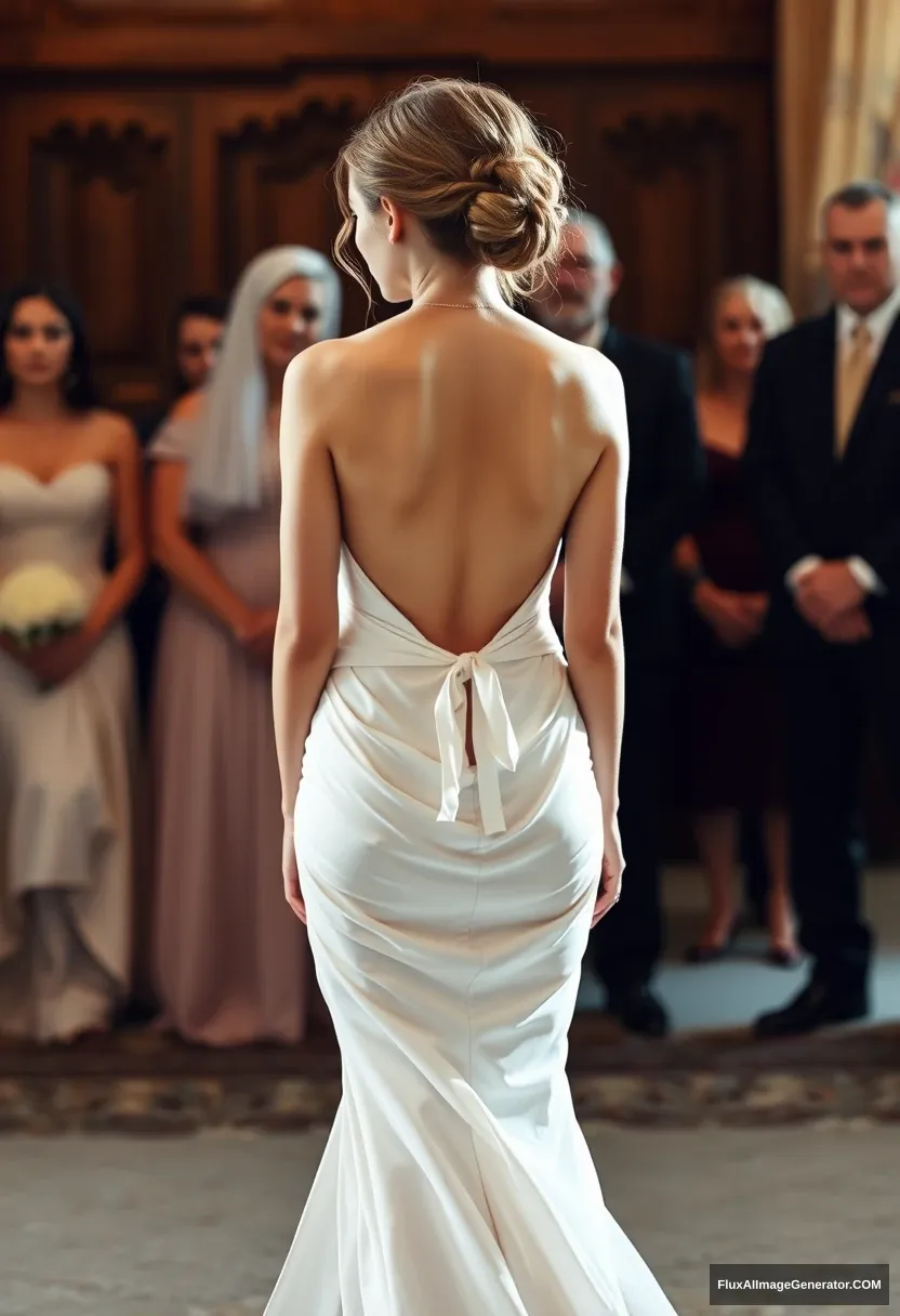 A short young woman, sensitive, delicate, wearing a backless, strapless, side-less, low-waisted, contouring wedding dress with a breezy loose open back that spills open to the sides, seemingly intentionally left undone. In front of the patriarchy council. Expectations. Perfect posture. Pale skin. Voluptuous.